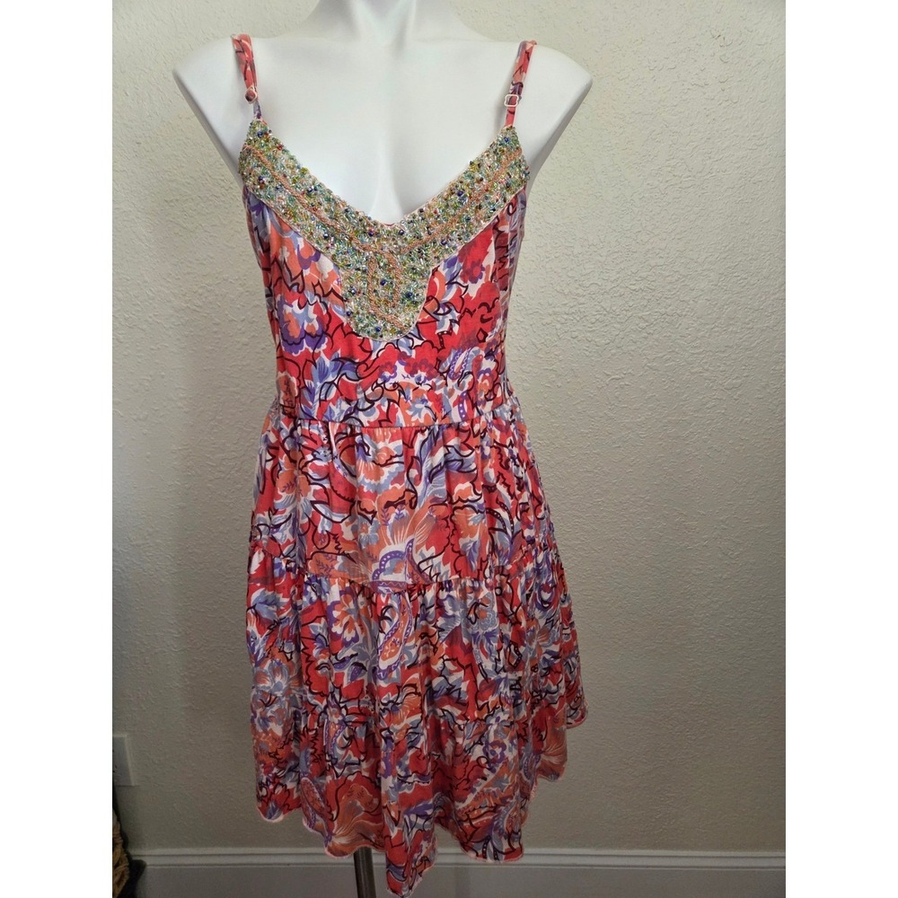 Free People Embellished Floral Tiered Mini Dress Coral Purple Boho Festival